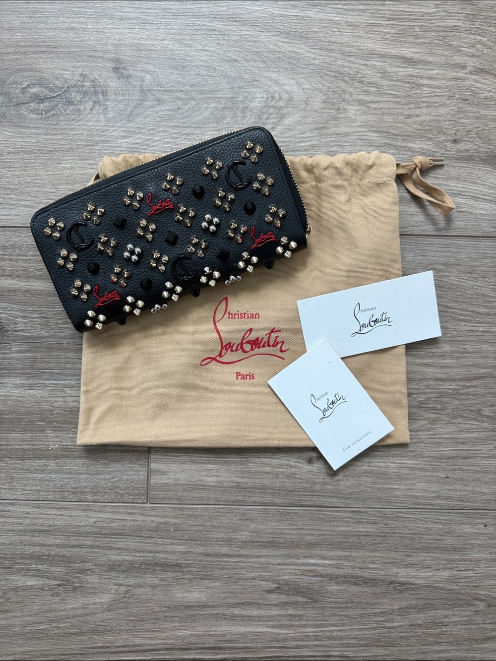 Christian Louboutin Black Leather Zip-Around Wallet with Mixed Studs